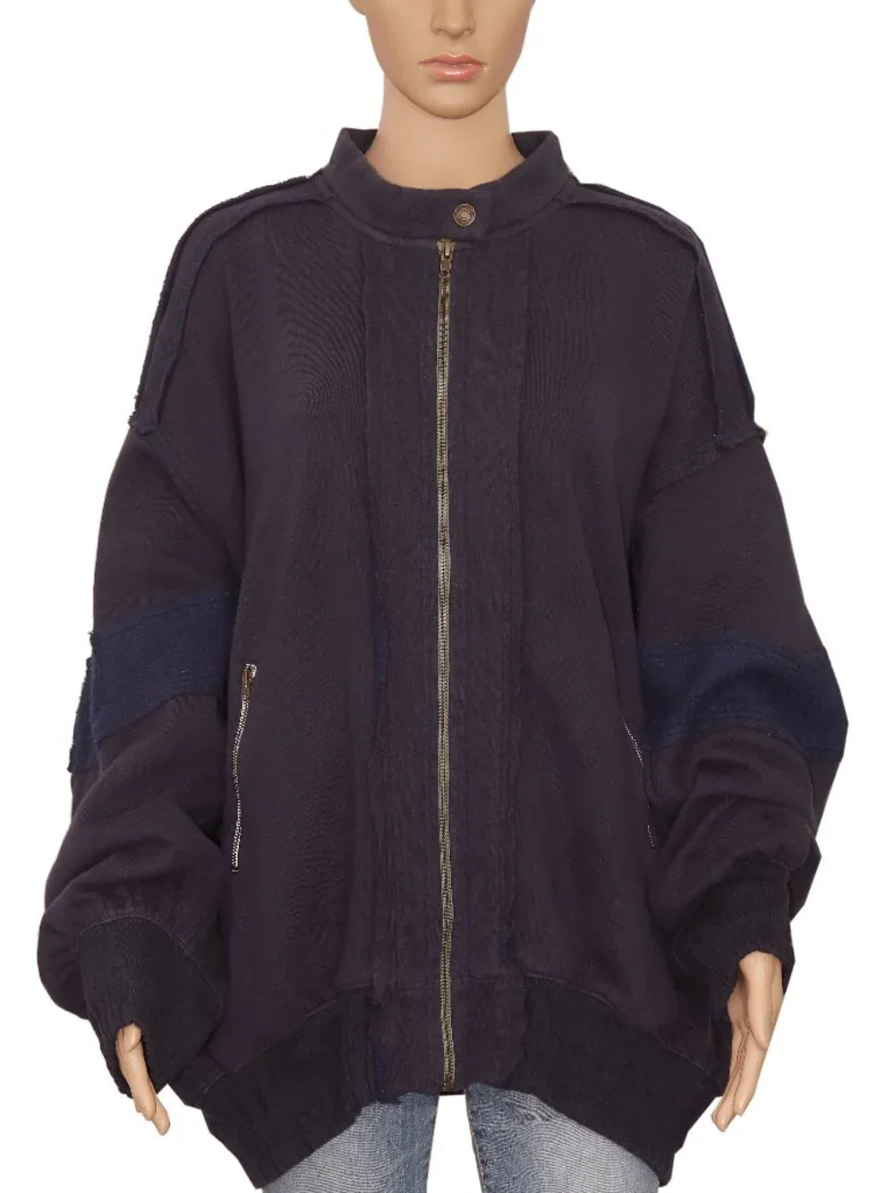 Free People Lou Moto Zip Jacket Dropped Shoulders Navy Long Sleeve L